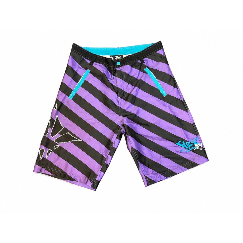 Steez Clothing Purple Black Striped Board Shorts Men's Size‎ 32 Y2K Surf
